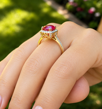 Load image into Gallery viewer, Round Cut Ruby And Round Cut Sides Natural Diamonds Antique Deco Design 14k Solid Yellow Gold Halo Filigree Style Bridal Wedding Ring 2.50ct
