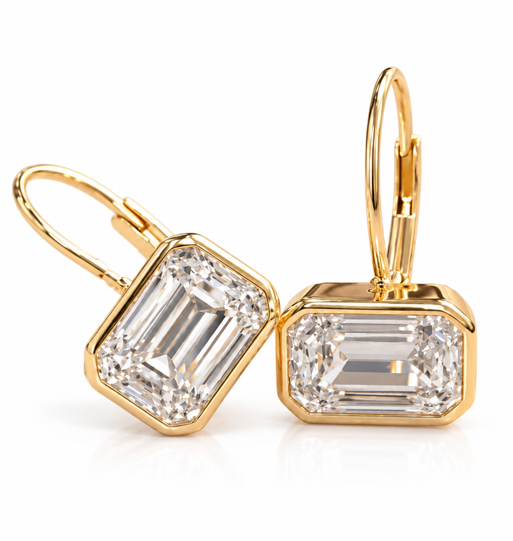 Emerald Cut Diamond Earrings IGI Certified Bezel set Style 14k Solid Yellow Solid Gold 4.00ct Lever Back Set Style Stud Lever Back Earrings
