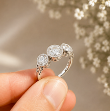 Load image into Gallery viewer, Round Cut Moissanite Engagement Ring Three Stone Antique Style Bezel Set Design 14k Solid White Gold Wedding Bridal Set 2.00ctw
