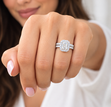 Load image into Gallery viewer, Emerald Cut Moissanite And Round Cut Sides Cvd Diamond Engagement Ring And Matching Band 14k Solid White Gold Halo Wedding Bridal Set 2.00ct

