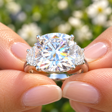 Load image into Gallery viewer, Cushion Cut Center And Half Moon Shape Sides Diamond Engagement Ring IGI Certified 14k Solid White Gold Three Stone Style Ring 5.80ctw G-VS2
