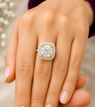 Load image into Gallery viewer, Cushion Cut Moissanite And Round Cut Engagement Ring 14k Solid White And Yellow Gold Bridal Wedding Ring Double Halo Style Split Shank 6.50
