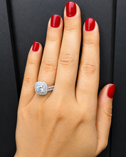 Load image into Gallery viewer, Cushion Cut Diamond And Round Cut Sides Engagement Ring And Matching Band Double Halo Bridal Set 14k Solid White Gold Wedding Set 2.00ctw
