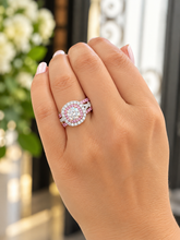 Load image into Gallery viewer, Cushion Cut And Round Cut Diamonds And Pink Sapphires Engagement Ring And Two Bands IGI Certified 14K White And Rose Gold Double Halo 3.00ct
