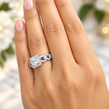 Load image into Gallery viewer, Round Cut Moissanite And Cvd Diamonds And Sapphire Sides Engagement Ring 14K Solid White Gold Bridal Ring Halo Wedding Propose Ring 2.00
