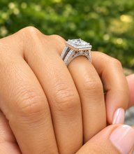Load image into Gallery viewer, Princess Cut And Round Cut Diamond Engagement Ring IGI Certified 14k White Gold Halo Antique Style Wedding Ring 3.70ct G-VS2
