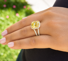 Load image into Gallery viewer, Cushion Cut Yellow Citrine And Natural Round Cut Sides Diamond Engagement Ring 14k Solid White Gold Bridal Ring Halo Style Wedding Ring 5.80
