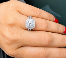 Load image into Gallery viewer, Cushion Cut Diamond And Round Cut Sides Engagement Ring And Matching Band Double Halo Bridal Set 14k Solid White Gold Wedding Set 2.00ctw

