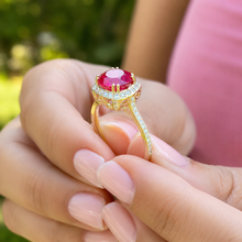 Load image into Gallery viewer, Round Cut Ruby And Round Cut Sides Natural Diamonds Antique Deco Design 14k Solid Yellow Gold Halo Filigree Style Bridal Wedding Ring 2.50ct
