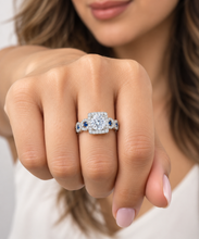 Load image into Gallery viewer, Round Cut Moissanite And Cvd Diamonds And Sapphire Sides Engagement Ring 14K Solid White Gold Bridal Ring Halo Wedding Propose Ring 2.00
