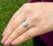 Load image into Gallery viewer, Emerald Cut Moissanite Center And Round Cut Sides Engagement Ring Halo Style Minimalist Bridal Wedding Ring Set In 14k Solid White Gold 1.50
