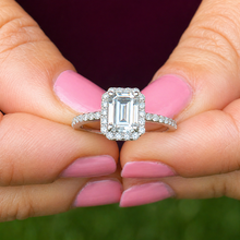 Load image into Gallery viewer, Emerald Cut Moissanite Center And Round Cut Sides Engagement Ring Halo Style Minimalist Bridal Wedding Ring Set In 14k Solid White Gold 1.50
