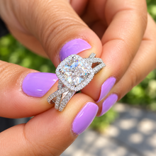 Load image into Gallery viewer, GIA Certified Cushion Cut And Round Cut Natural Diamond Engagement Ring And Band Twisted Shank 14k White Gold Halo Wedding Set 2.40ctw
