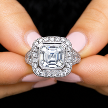 Load image into Gallery viewer, Asscher Cut Moissanite Center and Round Sides Engagement Ring Bezel Set Wedding Bridal Ring Filigree 14k Solid and Heavy White Gold 4.60ctw
