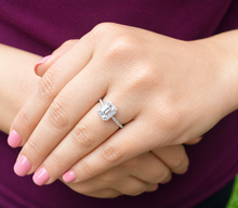 Load image into Gallery viewer, Emerald Cut Moissanite Center And Round Cut Sides Engagement Ring Halo Style Minimalist Bridal Wedding Ring Set In 14k Solid White Gold 1.50
