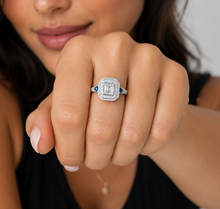 Load image into Gallery viewer, GIA Certified Asscher Round And Trillion Cut Natural Diamonds and Sapphire Engagement Ring Halo Wedding Ring 14k Solid White Gold 2.00ctw
