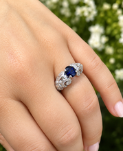 Load image into Gallery viewer, Natural Oval Shape Sapphire And Round Cut Sides Diamonds Engagement Ring Filigree Wedding Ring Right Hand Ring 14K Solid White Gold 2.15ctw
