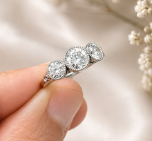 Load image into Gallery viewer, Round Cut Moissanite Engagement Ring Three Stone Antique Style Bezel Set Design 14k Solid White Gold Wedding Bridal Set 2.00ctw
