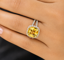 Load image into Gallery viewer, Cushion Cut Yellow Citrine And Natural Round Cut Sides Diamond Engagement Ring 14k Solid White Gold Bridal Ring Halo Style Wedding Ring 5.80
