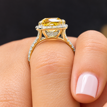 Load image into Gallery viewer, Cushion Cut Yellow Citrine And Natural Round Cut Sides Diamond Engagement Ring 14k Solid White Gold Bridal Ring Halo Style Wedding Ring 5.80
