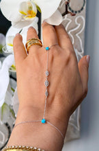 Load image into Gallery viewer, Finger Bracelet Turquoise And Moissanites Ring Bracelet Set In 14k Solid White Gold Hand Chain Bracelet Marquee Shape Links Bracelet 0.85ctw
