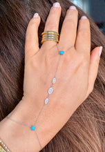Load image into Gallery viewer, Finger Bracelet Turquoise And Moissanites Ring Bracelet Set In 14k Solid White Gold Hand Chain Bracelet Marquee Shape Links Bracelet 0.85ctw
