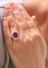 Load image into Gallery viewer, Oval Shape Natural Ruby and Round Cut Cvd Diamonds Engagement Ring Double Halo Prong Set Right Hand Ring 14K Solid White Gold 4.70ctw
