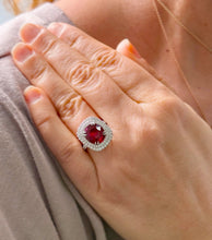 Load image into Gallery viewer, Oval Shape Natural Ruby and Round Cut Cvd Diamonds Engagement Ring Double Halo Prong Set Right Hand Ring 14K Solid White Gold 4.70ctw
