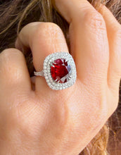 Load image into Gallery viewer, Oval Shape Natural Ruby and Round Cut Cvd Diamonds Engagement Ring Double Halo Prong Set Right Hand Ring 14K Solid White Gold 4.70ctw
