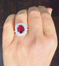 Load image into Gallery viewer, Oval Shape Natural Ruby and Round Cut Cvd Diamonds Engagement Ring Double Halo Prong Set Right Hand Ring 14K Solid White Gold 4.70ctw
