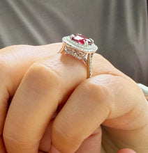 Load image into Gallery viewer, Oval Shape Natural Ruby and Round Cut Cvd Diamonds Engagement Ring Double Halo Prong Set Right Hand Ring 14K Solid White Gold 4.70ctw
