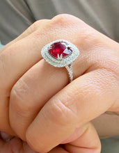 Load image into Gallery viewer, Oval Shape Natural Ruby and Round Cut Cvd Diamonds Engagement Ring Double Halo Prong Set Right Hand Ring 14K Solid White Gold 4.70ctw
