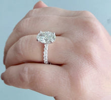 Load image into Gallery viewer, Oval Shape Moissanite And Round Cut Sides Engagement Ring Prong Set In 14k Solid White Gold Wedding Bridal Ring Hidden Halo Style 4.00ctw
