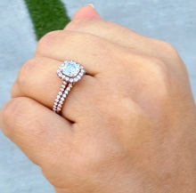 Load image into Gallery viewer, Cushion Cut Moissanite and Round Cut Sides Engagement Ring And Matching Band In 14K Rose Gold Wedding Set Halo Style Bridal Set 1.60ctw
