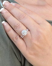 Load image into Gallery viewer, Cushion Cut Moissanite and Round Cut Sides Engagement Ring And Matching Band In 14K Rose Gold Wedding Set Halo Style Bridal Set 1.60ctw
