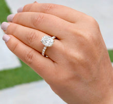 Load image into Gallery viewer, Oval Shape Moissanite And Round Cut Sides Engagement Ring Prong Set In 14k Solid Yellow Gold Wedding Bridal Ring Hidden Halo Style 4.00ctw
