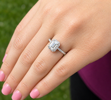 Load image into Gallery viewer, Emerald Cut Moissanite Center And Round Cut Sides Engagement Ring Halo Style Minimalist Bridal Wedding Ring Set In 14k Solid White Gold 1.50
