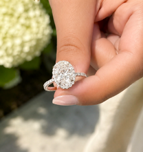 Load image into Gallery viewer, Elongated Oval Shape Moissanite Center (11x8mm) And Round Cut Sides Engagement Ring Halo Style 14k White Gold Wedding Ring 4.50ctw
