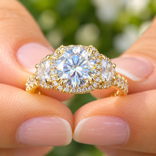 Load image into Gallery viewer, Round Moissanite &amp; Half Moon CVD Diamond Art Deco Engagement Ring 14K Yellow Gold 3.00 CTW
