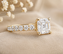 Load image into Gallery viewer, Asscher Cut and Round Cut Three Sides Moissanite Engagement Ring Prong Set Wedding Bridal Ring IGI Certified 14K Solid Yellow Gold 3.00ctw
