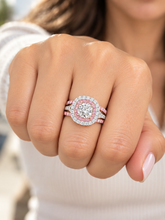 Load image into Gallery viewer, Cushion Cut And Round Cut Diamonds And Pink Sapphires Engagement Ring And Two Bands IGI Certified 14K White And Rose Gold Double Halo 3.00ct
