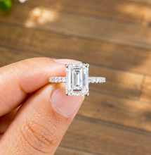Load image into Gallery viewer, Emerald Cut Moissanite And Round Cut Sides Engagement Ring Set In 14k Yellow Gold Wedding Ring Bridal propose Ring 4.25ctw
