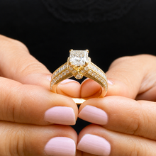 Load image into Gallery viewer, Princess Cut Moissanite And Round Cut Sides Engagement Ring Filigree Style Wedding Ring 14k Solid Yellow Gold Bridal Ring For Her 2.00ctw
