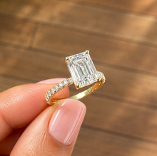 Load image into Gallery viewer, Emerald Cut Moissanite And Round Cut Sides Engagement Ring Set In 14k Yellow Gold Wedding Ring Bridal propose Ring 4.25ctw

