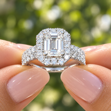 Load image into Gallery viewer, Emerald Cut Moissanite And Round Cut Sides Cvd Diamond Engagement Ring And Matching Band 14k Solid White Gold Halo Wedding Bridal Set 2.00ct
