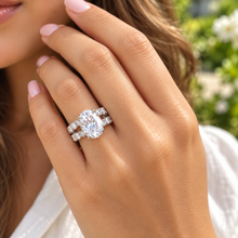 Load image into Gallery viewer, Oval Shape And Round Cut Sides Eternity Style IGI Certified Diamond Engagement Ring And Matching Band Wedding Bridal Set 14k White Gold 9.50
