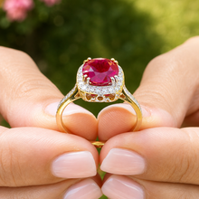 Load image into Gallery viewer, Round Cut Ruby And Round Cut Sides Natural Diamonds Antique Deco Design 14k Solid Yellow Gold Halo Filigree Style Bridal Wedding Ring 2.50ct
