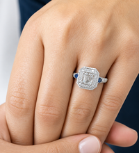Load image into Gallery viewer, GIA Certified Asscher Round And Trillion Cut Natural Diamonds and Sapphire Engagement Ring Halo Wedding Ring 14k Solid White Gold 2.00ctw
