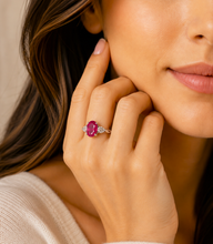 Load image into Gallery viewer, Oval Shape Ruby And Pear Shape Side Cvd Diamonds Prong Set Engagement Right Hand Ring 14k Solid White Gold Wedding Ring 3.80ctw
