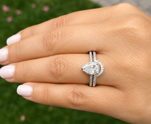 Load image into Gallery viewer, Pear Shape And Round Cut Sides Diamond Engagement Ring And Matching Band IGI Certified 14k Solid White Gold Bridal Wedding Set Halo 1.40ctw
